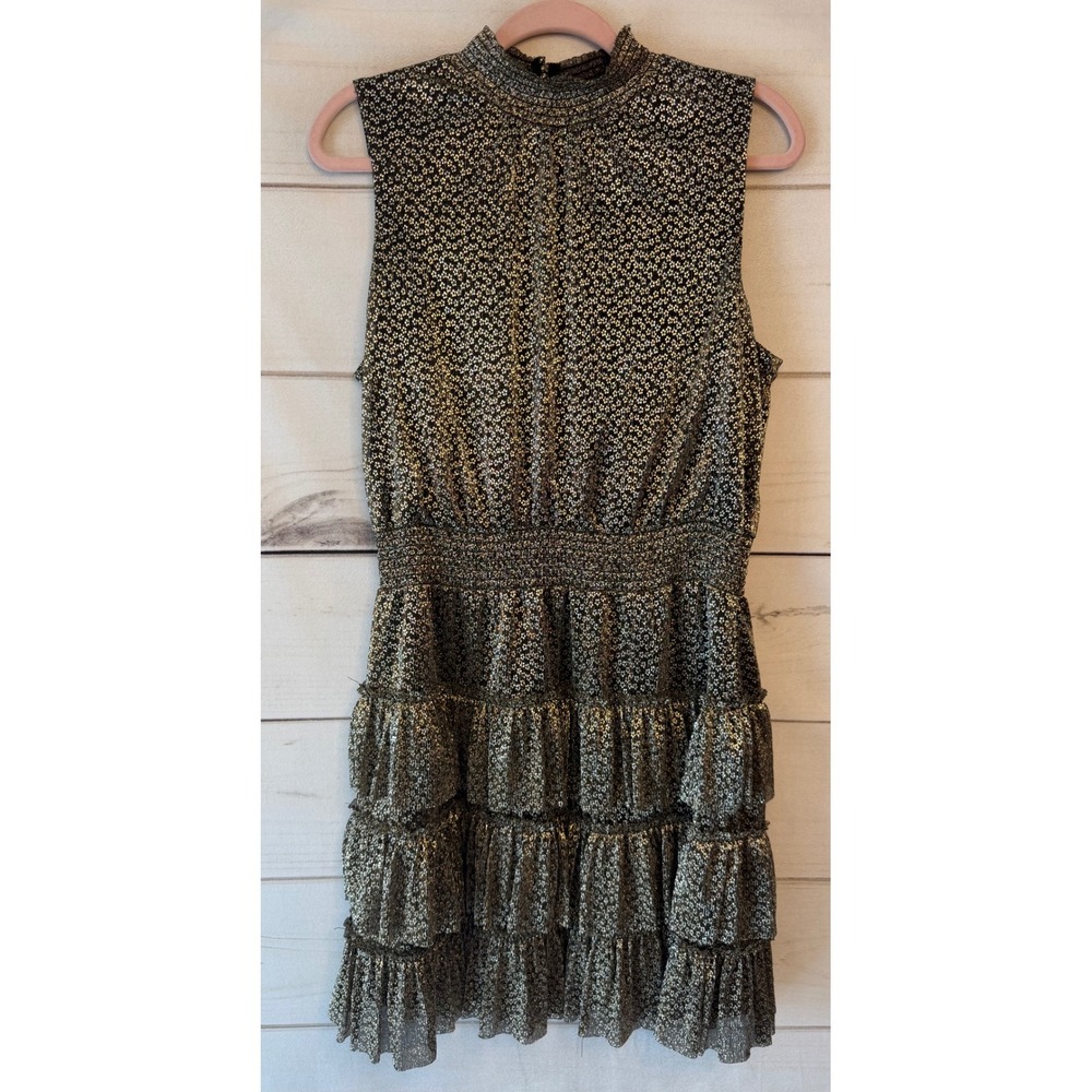 1.STATE Gold Metallic Floral Smocked Tiered Ruffle Mini Dress Black Large
